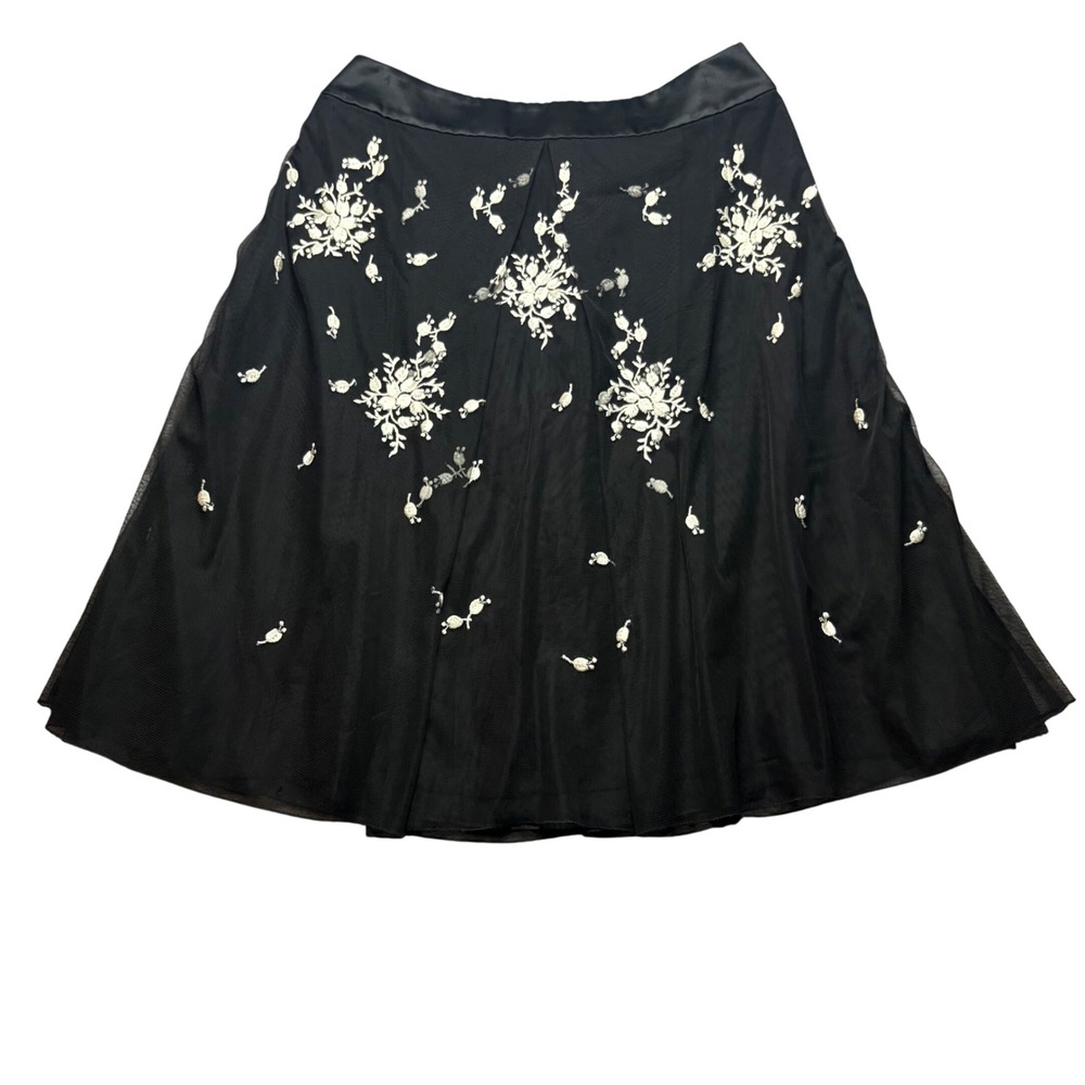Ann Taylor Embroidered Black Skirt Size 6 Mesh Overlay A-Line Midi Professional